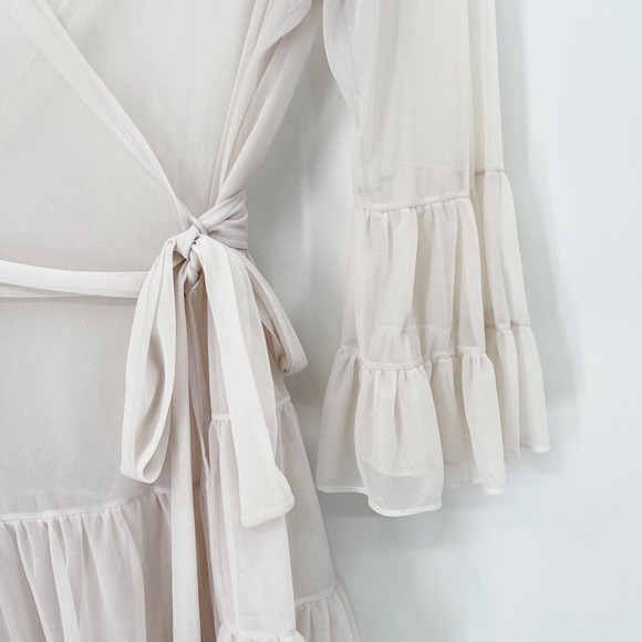 Betsey Johnson Chiffon Sheer Tiered Ruffle Wrap Robe OS V-Neck Sash Tie Belt - Picture 2 of 12